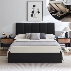 Cadre de <span class=keywords><strong>lit</strong></span> rembourré avec barre de levage, grand espace de rangement, 160 x 200 cm, cadre de <span class=keywords><strong>lit</strong></span> en velours, support en <span class=keywords><strong>lattes</strong></span> de bois - Product Image 1