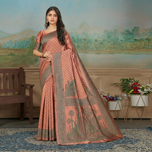 Sari tradicional de seda estampado en verde y melocotón con borde bordado para mujer, ropa de boda, India, Pakistán - Product Image 1