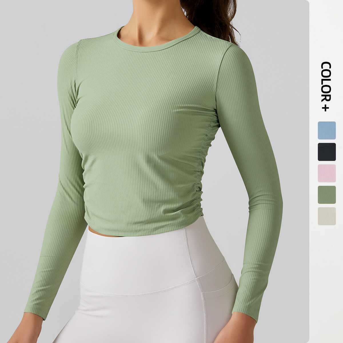 Active Stretch Ribbed Sport Shirts for Women Long Sleeve Slimming Yoga Exercise Gym Fitness Workout Top