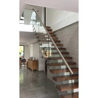 Escalier moderne en acier à une seule poutre avec marches en bois massif, balustrade en verre et éclairage LED