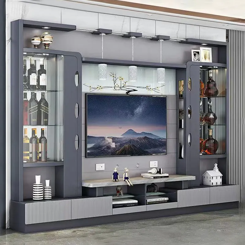 Houten Huis Meubelen Mdf Tv Stand Combinatie Muur Display Opslag Lade Wijnrek Led Licht Moderne Woonkamer Tv Kast