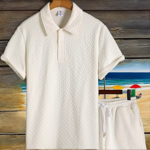 Men Summer Polo Shirt and Shorts <b>Set</b> Two Piece Casual Fashion Textured <b>Knitted</b> 100% Polyester Quick Dry Street Style Outfit - Product Image 2