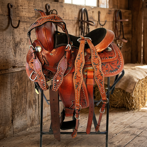 Cosmico Ventures Western <b>Leather</b> Horse Saddle Brass Hardware Floral <b>Tooling</b> Eco-Friendly Comfort Features Removable Washable - Product Image 3