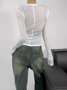 CNSHELL Cuello redondo Alta elasticidad Ver a través de tela transparente Costura trasera Slim Fit Camiseta de manga larga de una sola capa Top para mujer - Product Image 4