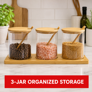 3-delige <span class=keywords><strong>set</strong></span> glazen voorraadpotten met bamboe deksel, houten dienblad & lepels, voor kruiden, thee, koffie, suiker, keukenopbergset - Product Image 1