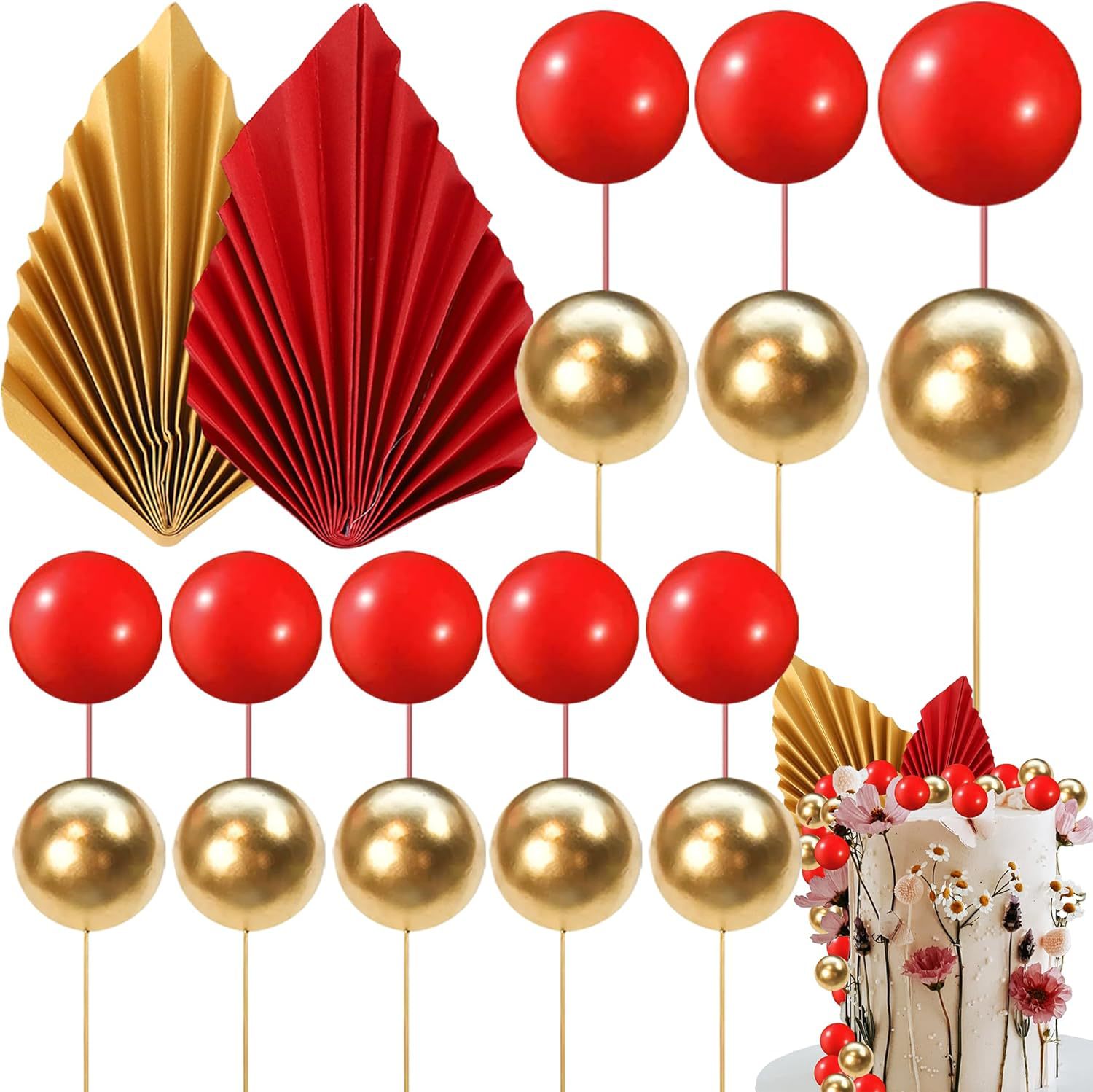 Ensemble de 20 éventails en papier avec boules en mousse rouge et or.