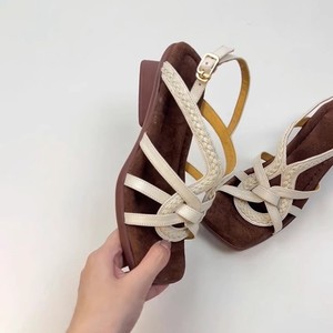 Flat Sandals Square Toe Genuine Leather <b>Strap</b> <b>Buckle</b> Suede Lining Breathable Fashion Trend Solid Color Summer - Product Image 2