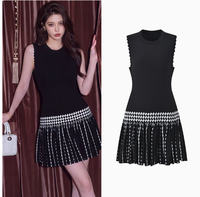 Robe plissée à carreaux en maille pour femme, sans manches, col rond, coupe ajustée et évasée, mini-robe élégante décontractée pour le bureau, Vestidos