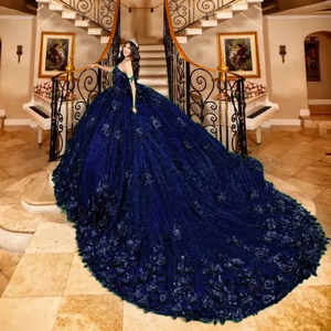 Vestidos De Quinceañera <span class=keywords><strong>Verde</strong></span> <span class=keywords><strong>Esmeralda</strong></span> con Purpurina y Flores 3D para <span class=keywords><strong>Fiesta</strong></span> de 15 Años, Baile Formal, Dulces 16 y Jóvenes MQ621 - Product Image 4