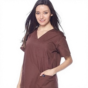 Blouse d'hôpital pour femmes, en coton et polyester tissé, à manches courtes, col en V, couleur marron, pour les professionnels de la santé - Product Image 1