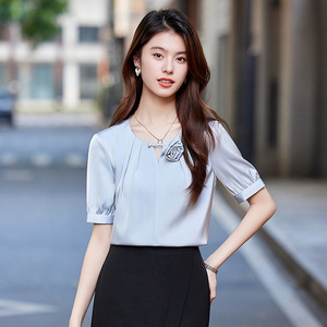 French Style 3D Rose Silk Blouse Women Summer Elegant Pearl Satin Top Office Wear Solid Color Short Sleeve Shirt - Product Image 1