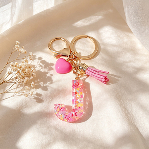 Pink Glitter Resin Letter E Keychain, Initial <b>Key</b> <b>Ring</b> with Heart Charm, Cute Tassel Accessory for Handbags - Product Image 3