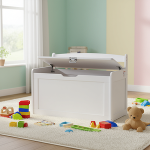 Coffre de rangement en bois blanc pour enfants avec couvercle à charnière de sécurité, modèle rectangulaire pour salle de jeux, chambre ou entrée - Product Image 2