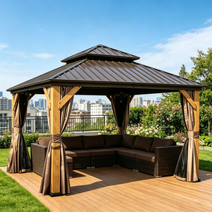 Gazebo <span class=keywords><strong>de</strong></span> Madera <span class=keywords><strong>de</strong></span> Cedro Sólido con Techo Rígido <span class=keywords><strong>de</strong></span> Doble Nivel, Techo <span class=keywords><strong>de</strong></span> Acero Galvanizado Negro, Ecológico, para Balcón Exterior, Pabellón <span class=keywords><strong>de</strong></span> Privacidad - Product Image 2