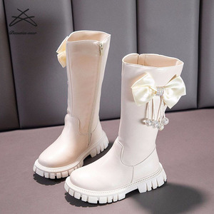 Nouvelles <span class=keywords><strong>Bottes</strong></span> Hautes pour Filles 2022, Mode Bébé Automne Hiver, Chaussures pour Enfants en <span class=keywords><strong>Cuir</strong></span> PU, Longueur Genou, Nœud Papillon Perlé, Style Doux - Product Image 4