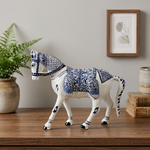 Handcrafted Metal Blue Pottery Horse Figurine Floral Enamel Design NIRMALA HANDICRAFTS Traditional Indian Home Tabletop - Product Image 3