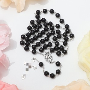 Chapelet religieux en perles de verre noires rondes, collier de prière avec médaille <span class=keywords><strong>Notre</strong></span>-<span class=keywords><strong>Dame</strong></span> de Fatima et crucifix pour la culte - Product Image 4