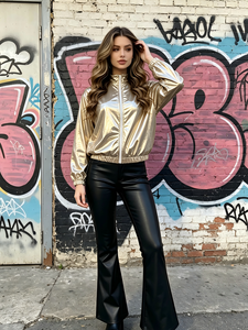 Chaqueta Bomber Dorada Metálica Brillante - Cortavientos Corto con Cuello Alto para Mujer - Product Image 1