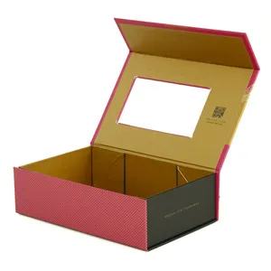 Custom printed card board book shaped flip top box folding foldable magnetic wine gift box with clear Window