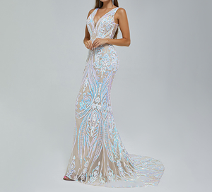 Robe de soirée sexy européenne américaine à col en V avec paillettes, sans manches, robe de bal, robe de soirée, taille empire, silhouette sirène, longueur au sol - Product Image 4