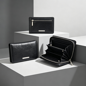 Portefeuille court classique en cuir noir avec fermeture à bouton-pression, porte-cartes multi-compartiments - Product Image 1