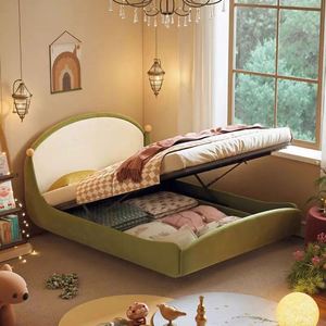 Lit de princesse flottant en bois massif pour enfants, tapis magique vert, 1,2 m, avec rangement, lit simple en velours moelleux pour garçons et filles - Product Image 6