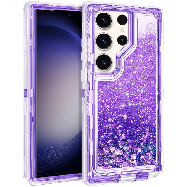 Rugged Quicksand Phone Cases for Samsung Galaxy S23 Ultra S22 S21 Plus Heavy Duty 3 in 1 Design Clear Bling Glitter Phone Cover