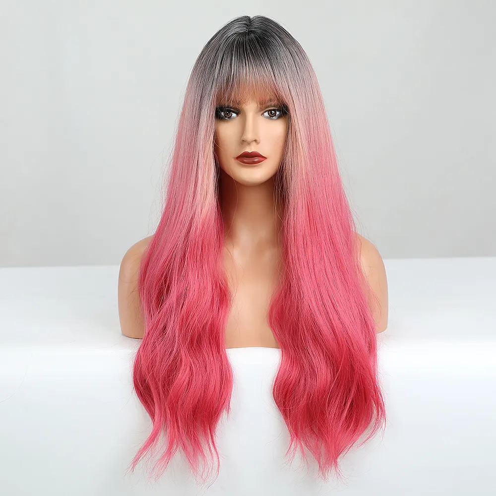 Peluca High Quality Cosplay Wigs Long Ombre Pink Body Wave Synthetic Wigs with Bangs