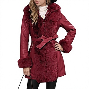 Manteau d'hiver pour femme avec capuche et garniture en fausse fourrure, veste en cuir synthétique zippée avec ceinture, coupe-vent et chaud - Product Image 3