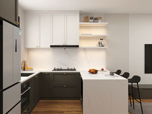 Ensembles complets d'armoires de cuisine prêts à assembler, style européen, avec rangement en verre pour cuisine en contreplaqué avec îlot et évier - Product Image 3