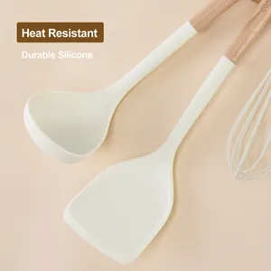 Kitchen Cooking Utensils Set Anti-slip Silicone Utensils Heat Resistant Food Grade Cooking Spatula Set With Wooden Handle