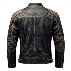 Blouson de moto en cuir véritable pour homme LONG MISSION INDUSTRY, col montant, fermeture éclair, couleur unie, finition délavée, coupe ajustée - Product Image 2