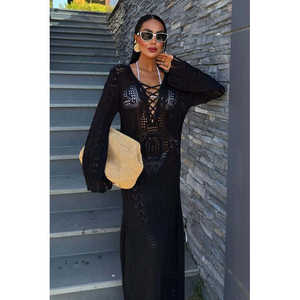 ชุดเดรสไหมพรมถักลายฉลุ คอไขว้ ทรงเข้ารูป สวมใส่สบาย ระบายอากาศได้ดี แขนยาว เหมาะสำหรับใส่พักผ่อน - Product Image 2