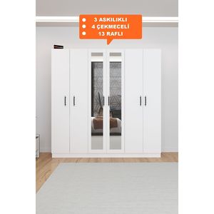 Armoire de chambre moderne Kale blanche à 6 portes avec miroir, 4 tiroirs et 13 étagères, penderie pliable pour appartement et atelier - Product Image 4