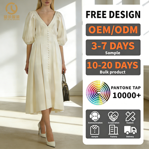 Elegante Abito Midi da Donna con Scollo a V 100% <span class=keywords><strong>Lino</strong></span> <span class=keywords><strong>Bianco</strong></span> Casual A-Line Spandex Modal Cotone Vestito da Spiaggia con Volant Tinta Unita Naturale - Product Image 1