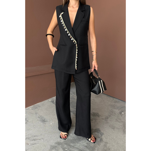 Conjunto de Traje de Lino Negro para Mujer, Chaleco con Cuello y Estampado de Concha de Mejillón y Pantalones - Colección Negra Elegante - Product Image 5