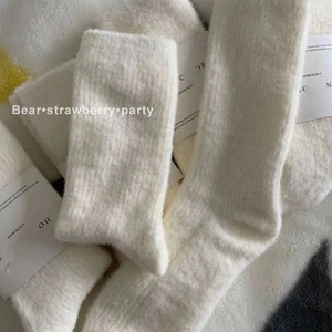 Women Fuzzy <b>Socks</b> Mid Calf Cotton White Black Solid Color Warm Breathable Autumn <b>Winter</b> <b>Socks</b> - Product Image 5