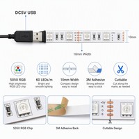 Lampu Strip LED Tembaga 5V USB 60LED/m 5050 RGB IP20 10mm Fleksibel Dapat Dipotong Perekat Sendiri Plug&Play untuk Dekorasi Meja PC Ruangan