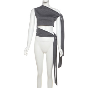 Spring New Stylish Strapless Sexy <b>Tie</b> Waisted Short Solid Colour Tops for Women Fashion - Product Image 4