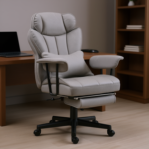 Chaise de bureau ergonomique inclinable grise à dossier haut avec repose-pieds, support lombaire, accoudoirs réglables, base pivotante en métal - Product Image 2
