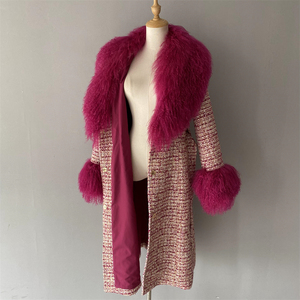 Tốt Nhất Người Bán Dài Phong Cách Len Áo Khoác Lông Thú Bán Buôn Tùy Chỉnh Chính Hãng Mông Cổ Cừu Lông Cổ Áo Còng Phụ Nữ Len Tweed Rãnh Áo - Product Image 6