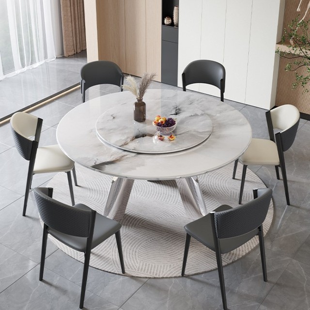 Modern Dining Table Rotating Lazy Susan Turntable Large Sintered Stone Top Kitchen Table for 8-10 Person Family Dining Assembled
