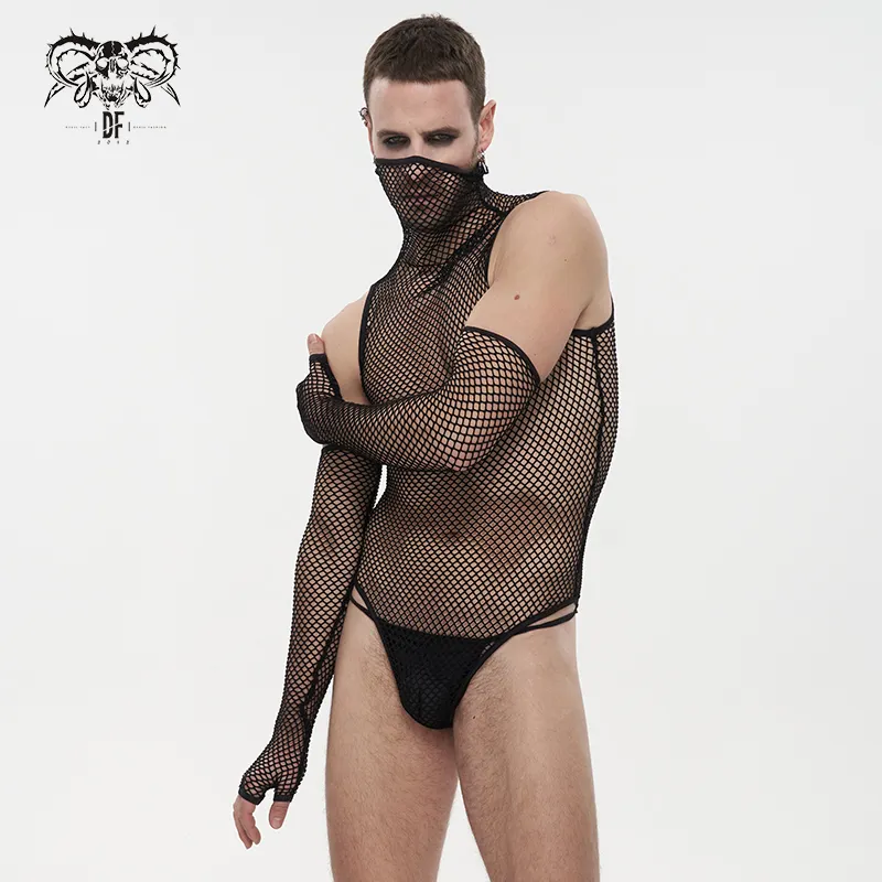 Freebily Mens Mesh Transparent Long Sleeve Round Neck High Cut Thong Bodysuit Lingerie Nightwear 
