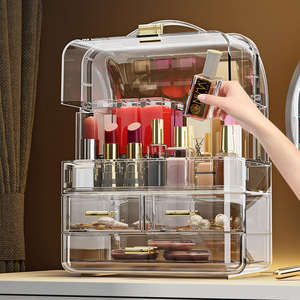 Table de toilette de luxe, boîte de rangement cosmétique transparente anti-poussière avec 3 <span class=keywords><strong>tiroirs</strong></span> et couvercle anti-poussière pour pinceaux, parfums, soins de la peau - Product Image 2