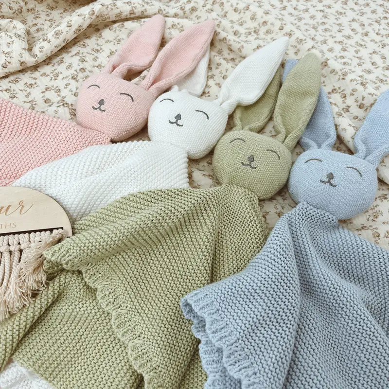 Algodão Knit Crochet Sleepy Bunny Cobertor Toalha Soft Head Stuffed Bunny Bebê Primeiro Brinquedo Dormir Segurando Cobertor de Segurança