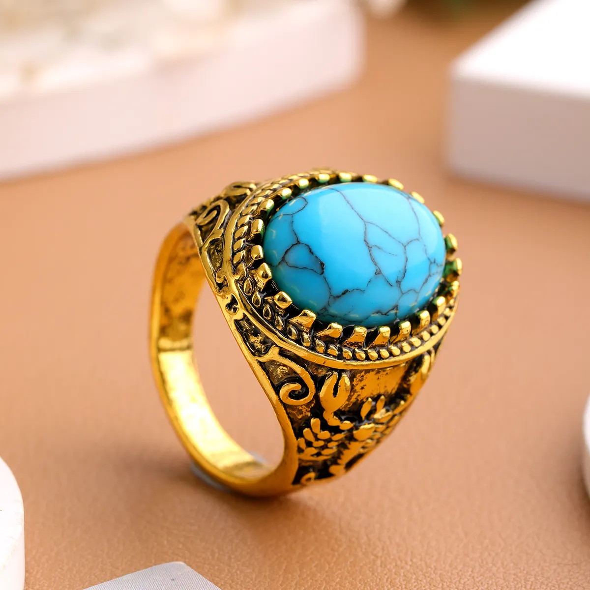 Joyería indio bohemio elegante estilo 18K turquesa tendencia casual anillo de mujer