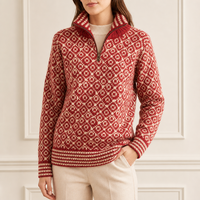Pull Fair Isle de haute qualité pour femme, col montant zippé, crème et marron, motif géométrique, usine OEM ODM