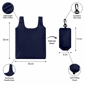Reusable Grocery Bags Foldable 52cm Lightweight Nylon Tote Folds Into Pouch Carabiner Clip <b>Hook</b> Reinforced Handles 6 Colors Bulk - Product Image 2