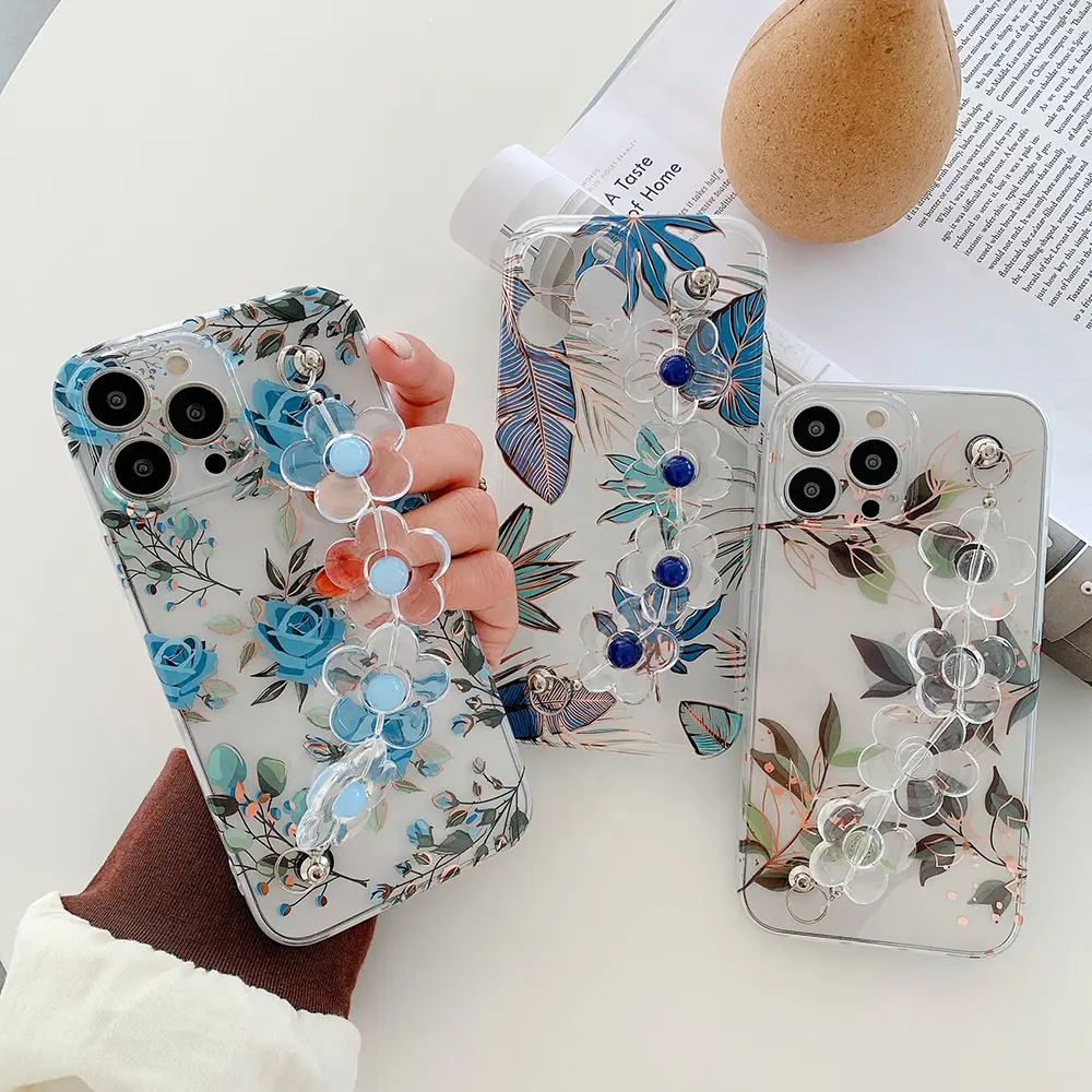 Luxury Electroplate Flower Print Phone Case for iPhone 13 pro max with Wristband Chain Clear Imd Back Cover for iPhone 14 13