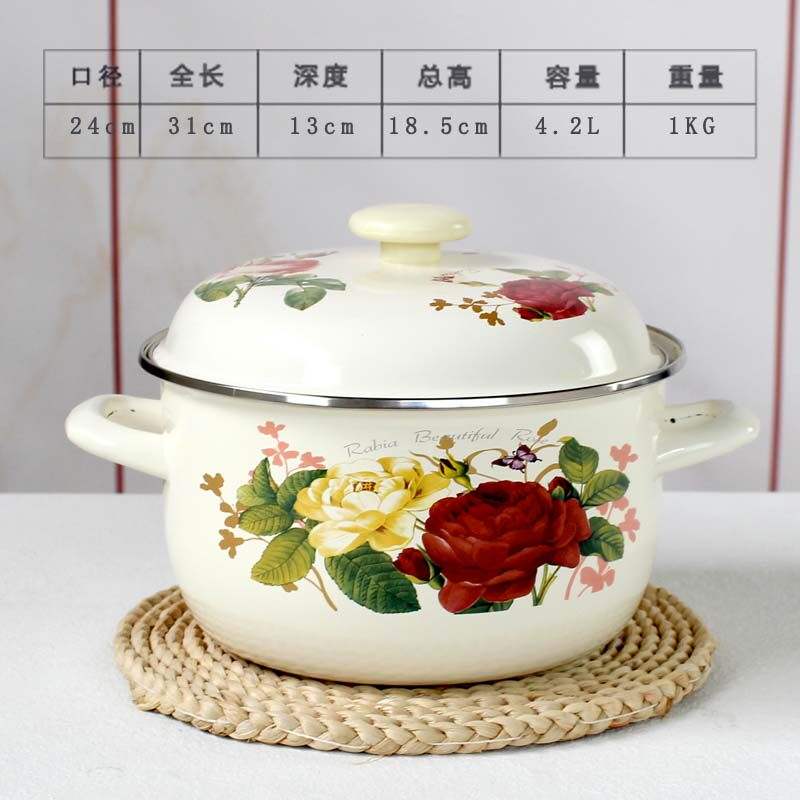 Vasque émaillée à motif rose, 24 cm, avec double poignée.